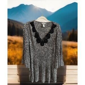 Catherines Blouse 2XL Lace V-Neck Top Blouse Long Sleeve Black/White 22 / 24